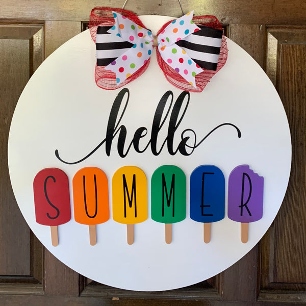 Hello Summer Round Wood Door Hanger - White