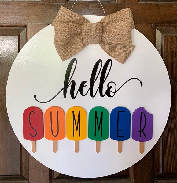Hello Summer Round Wood Door Hanger - White