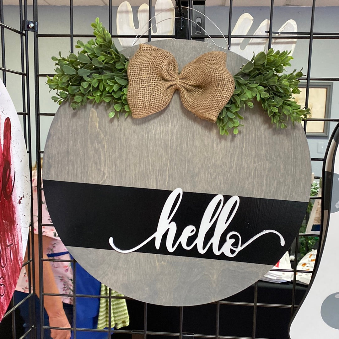 Hello Round Door Hanger - Grey