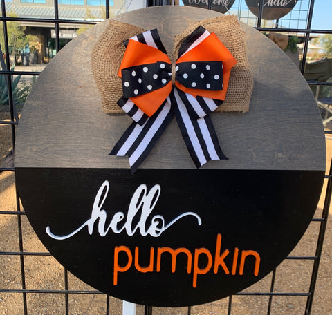 Hello Pumpkin Stained Round Door Hanger - Grey