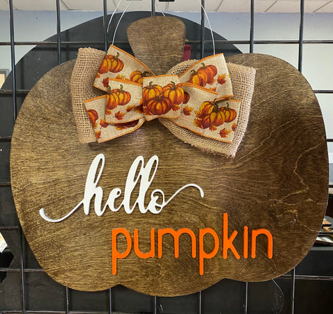 Hello Pumpkin Stained Pumpkin Door Hanger - Walnut